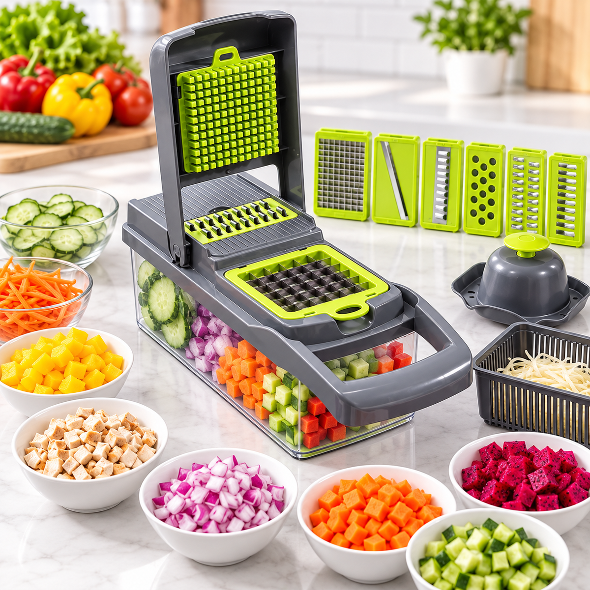 ๐ฅ 16-in-1 Multi-Function Vegetable Chopper โ Slicer, Dicer, Grater & Drain Basket Set