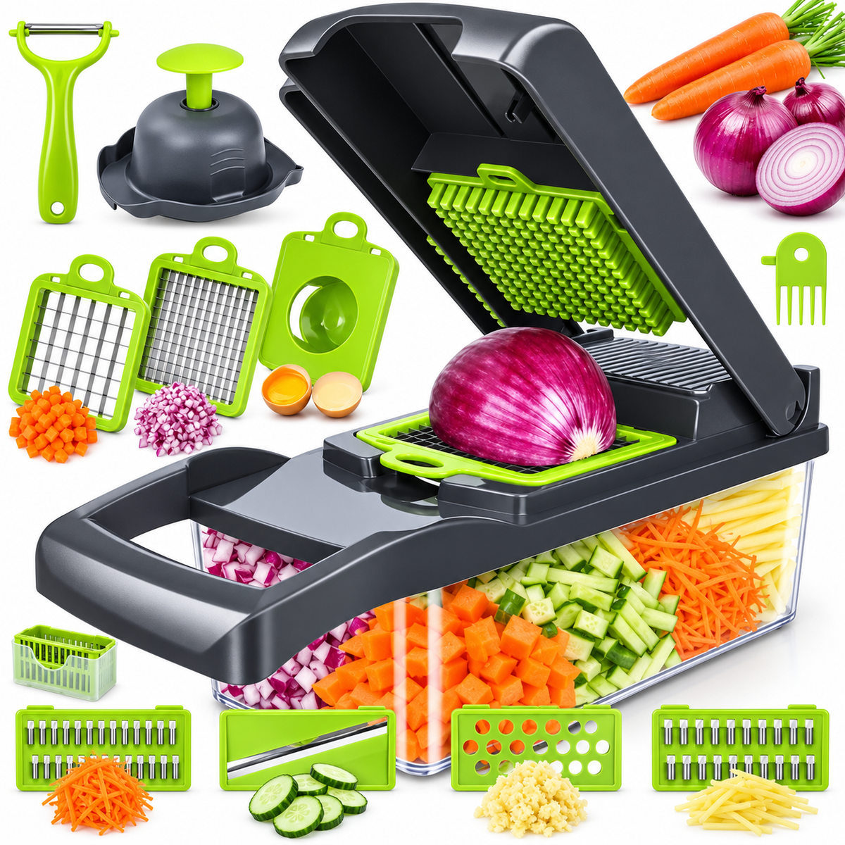 🥕 16-in-1 Multi-Function Vegetable Chopper – Slicer, Dicer, Grater & Drain Basket Set
