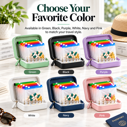 Travel Pill Organizer Case with 14 Reusable Color-Coded Pouches