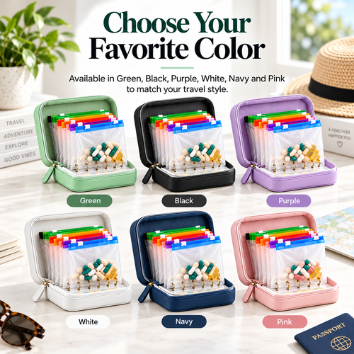 Travel Pill Organizer Case with 14 Reusable Color-Coded Pouches