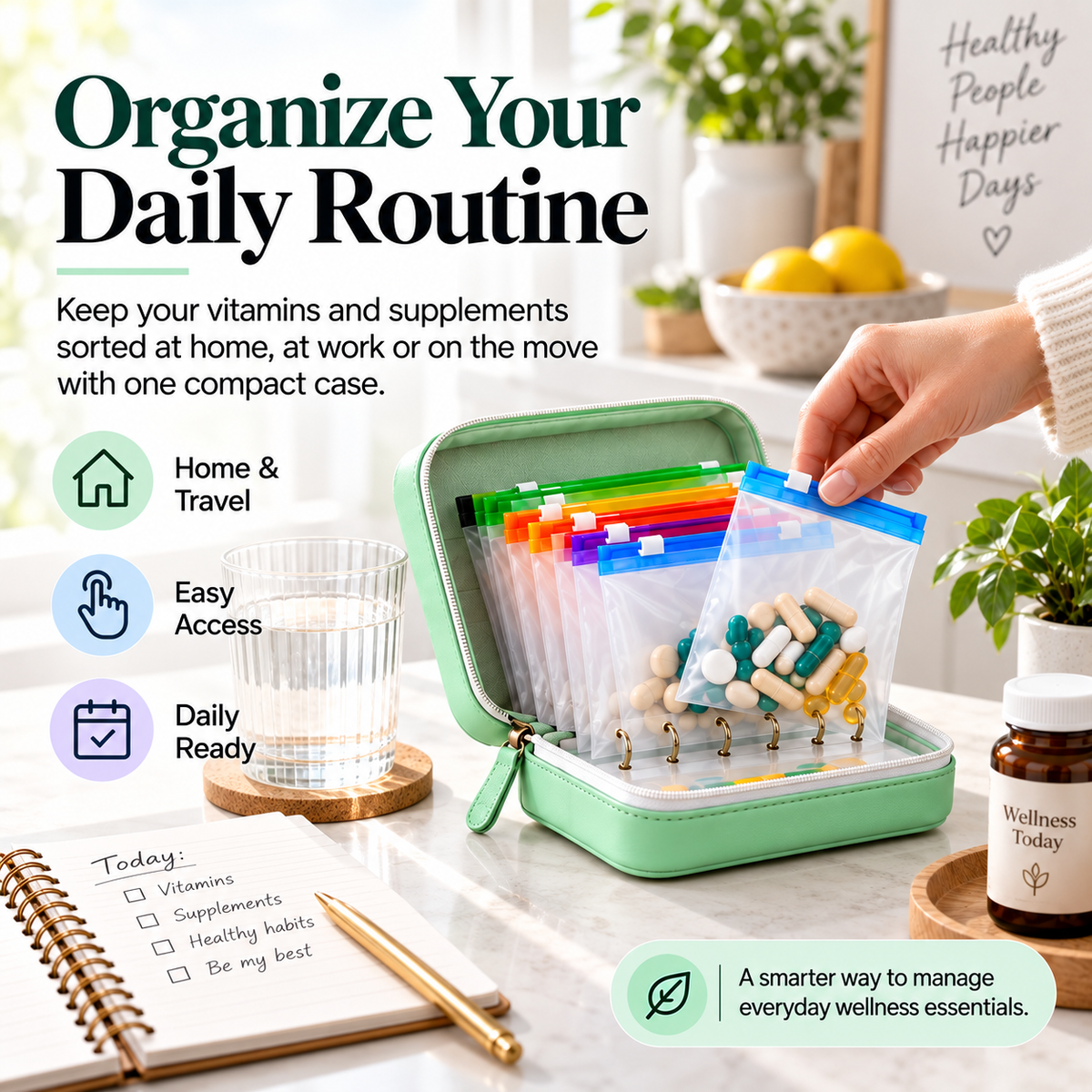 Travel Pill Organizer Case with 14 Reusable Color-Coded Pouches