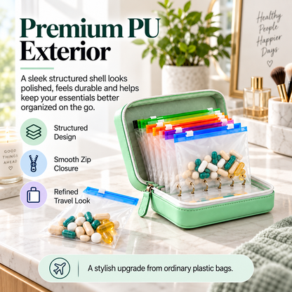 Travel Pill Organizer Case with 14 Reusable Color-Coded Pouches