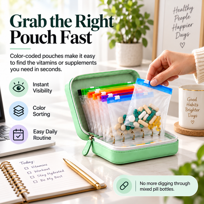Travel Pill Organizer Case with 14 Reusable Color-Coded Pouches