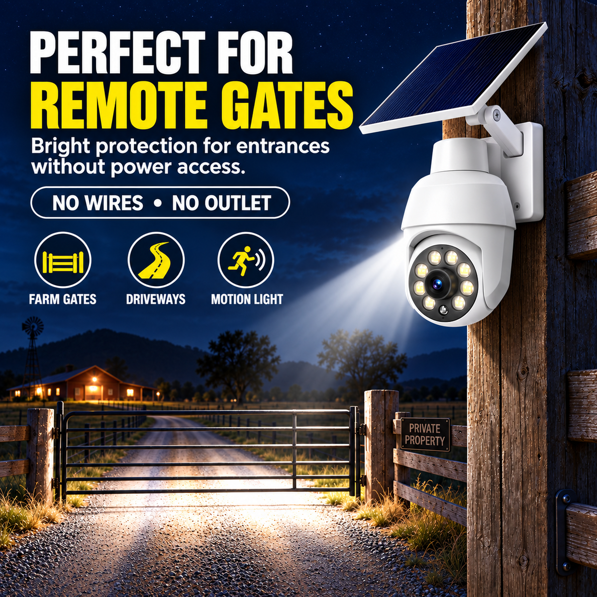 Solar Motion Sensor Security Light – Wire-Free Outdoor LED Light for Farms, Gates & Driveways