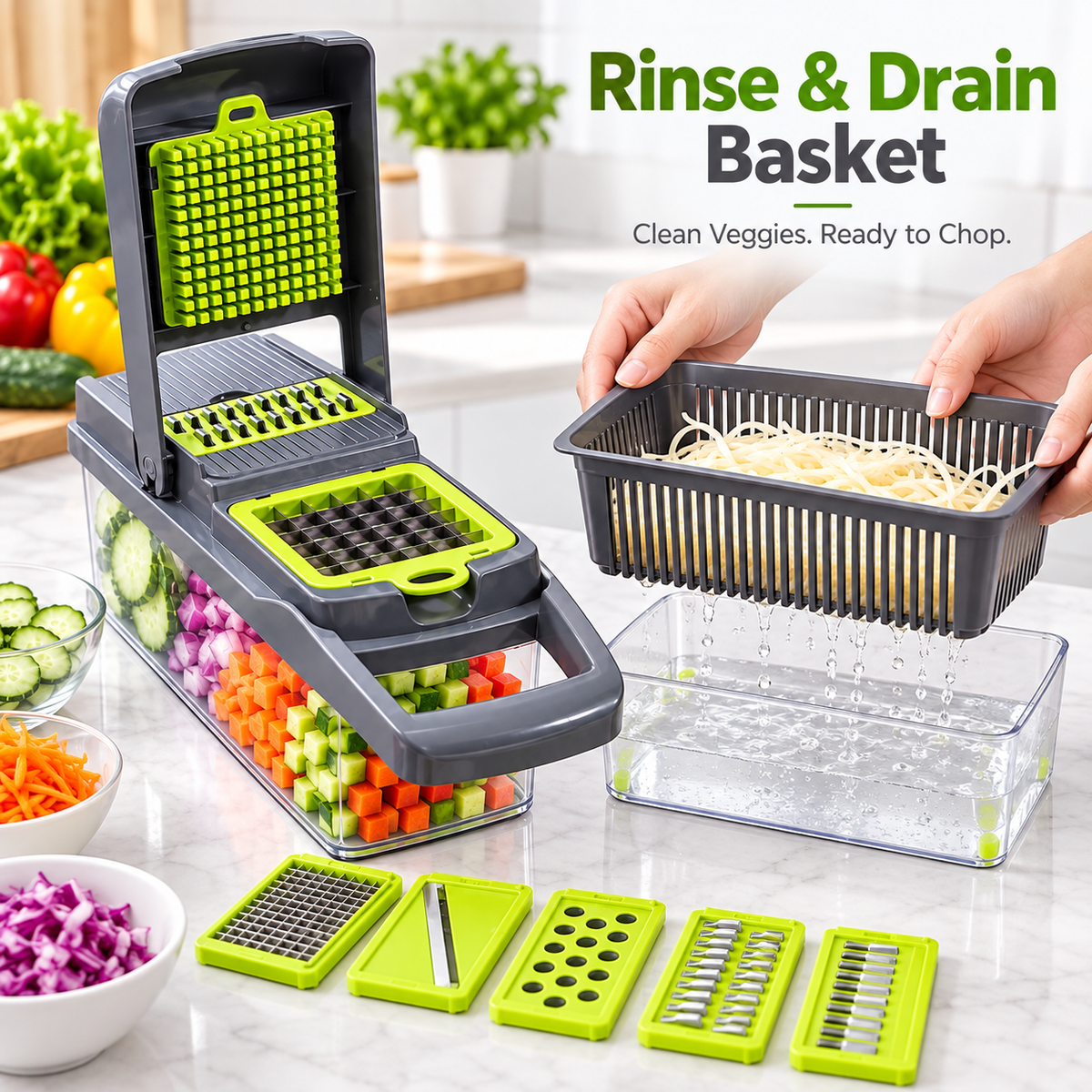 🥕 16-in-1 Multi-Function Vegetable Chopper – Slicer, Dicer, Grater & Drain Basket Set