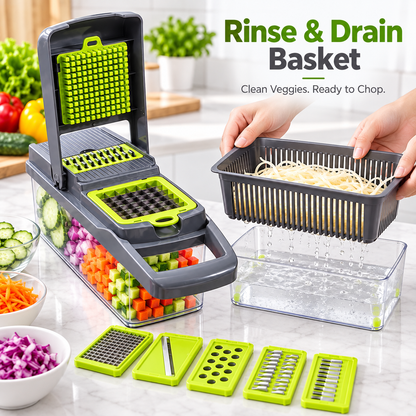 🥕 16-in-1 Multi-Function Vegetable Chopper – Slicer, Dicer, Grater & Drain Basket Set