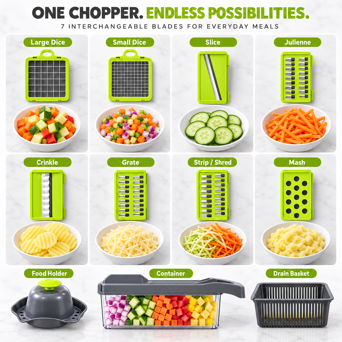 🥕 16-in-1 Multi-Function Vegetable Chopper – Slicer, Dicer, Grater & Drain Basket Set