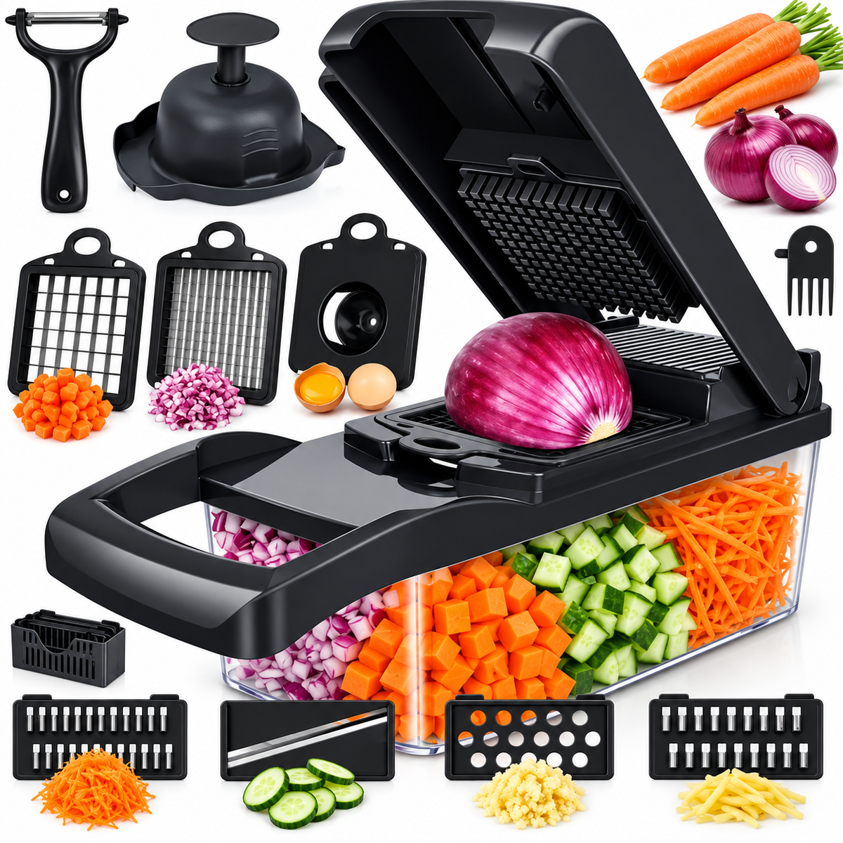 🥕 16-in-1 Multi-Function Vegetable Chopper – Slicer, Dicer, Grater & Drain Basket Set